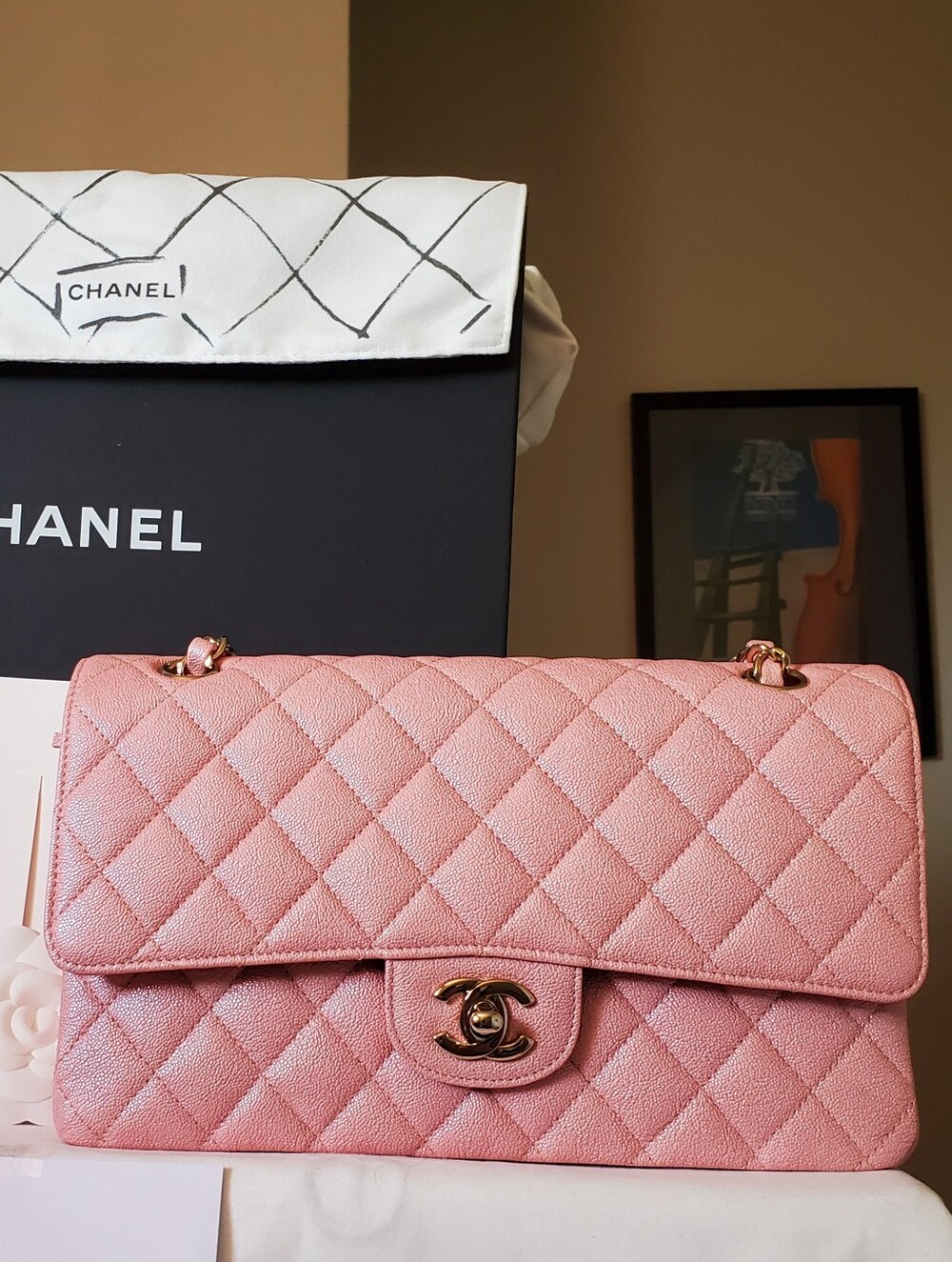 Chanel Classic Iridescent Pink Caviar Medium Gold Hw Bag